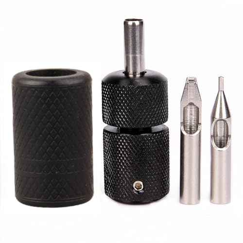 Tattoo Grip 25mm Black Aluminum Alloy Self Lock with Gray Silicone Grip Cover Tattoo Tips 5R 5F for Coil Tattoos Rotary Machine Gun Kit Beauty Body Care