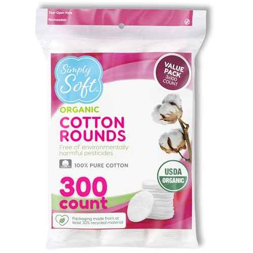 Simply Soft Premium Organic Cotton Rounds, 100 Count (Pack of 3), 100% Cotton Pads, Certified Organic, Hypoallergenic, Soft & Absorbent for Beauty, Cosmetics, Skin Care, Lint Free