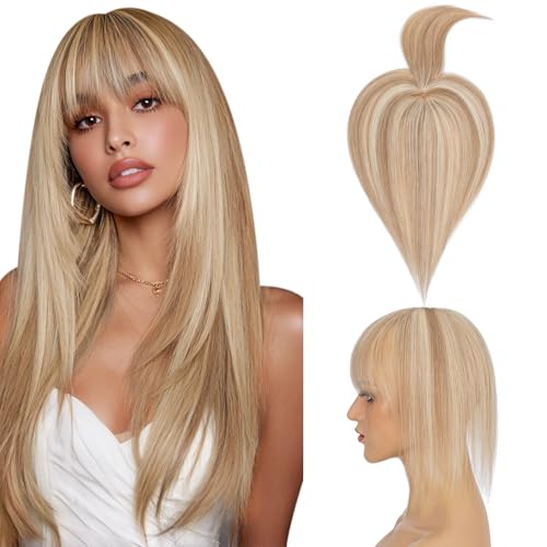 Hairro Mono Hair Toppers with Bangs, 3.4" x 3.4" Mono Base 100% Real Human Hairpieces for Women, 150% Density Clips In Topper for Greyish Thinning Hair, 14 Inch Golden Brown Mix Bleach Blonde