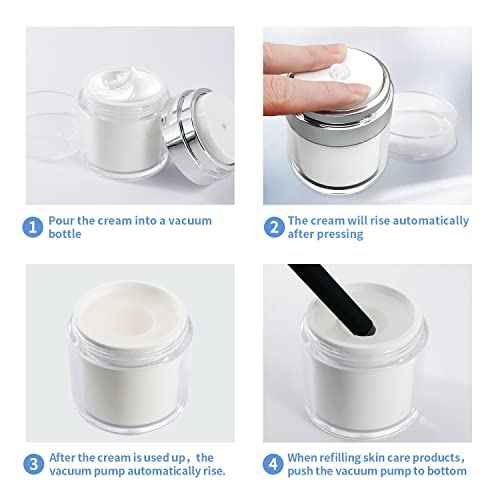 2Pack Airless Pump Jars with Cosmetic Spatula, 3.5 oz Empty Refillable Cosmetic Air Pump Jars Bottles Airless Lotion Cream Dispenser Portable Travel Makeup Containers (Silver)