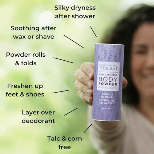 Ora's Amazing Herbal Talc Free Body Powder for Women, Cornstarch Free Talcum Dusting, Grounding Relaxation Scent, Essential Oils Lavender, Vetiver, Clary Sage, Blissful Earth 2.5 oz