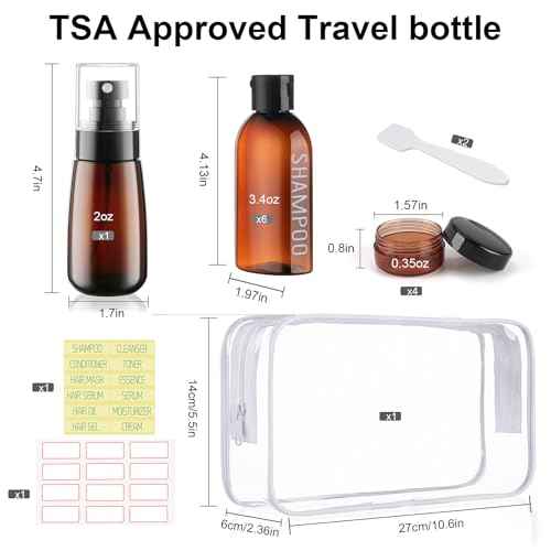 Travel Kit - 10 Pcs Travel Bottles for Toiletries, TSA Approved, Leak Proof Plastic Small Cream Jars & Refillable Spray Bottle for Shampoo, Conditioner (Brown)