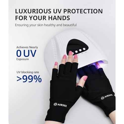 AIRSEE Premium UPF 50+ UV Protection Gloves for Gel Manicures - Fingerless Design for Professional Solon & Home Use, Anti UVA/UVB, Breathable Cool Tech Gloves for UV Lamp & Sun Protection (Black)