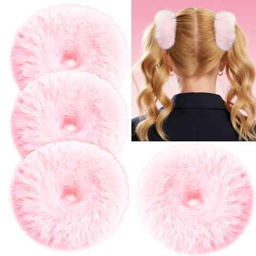 YGDZ 4PCS Pink Pom Pom Hair Ties, Furry Faux Rabbit Fur Light Pink Scrunchies, Hair Ties Ponytail Holders, Hair Accessories for Girls Women
