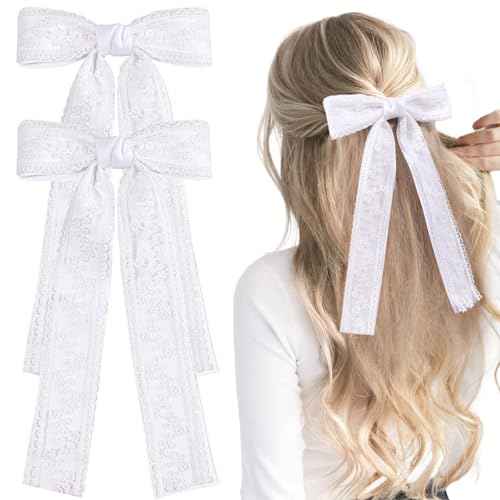 VOBOBE 2PCS Hair Bows for Women Girls, White Coquette Lace Bow Clips Silky Satin Hair Ribbons with Long Tail Hair Accessories for Wedding Birthday (White)