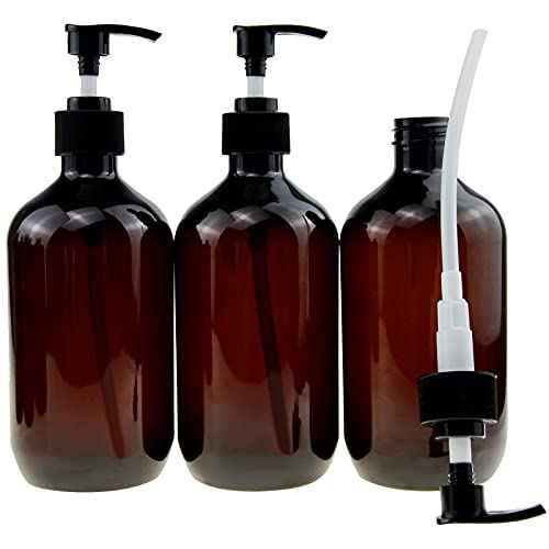 Empty Plastic Bottles with Pump Dispenser and Labels Included, Refillable Travel Containers for Hand sanitizer Shampoo Lotion, etc - BPA/Paraben Free, 500ml/16.9oz (Amber, 3 Pack)