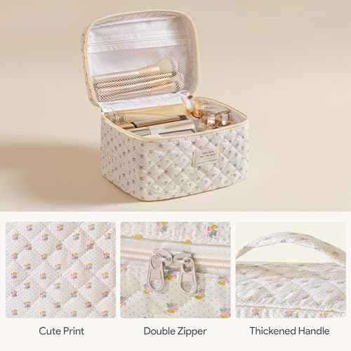 HBselect Quilted Makeup Bag, 3PCS Cotton Large Travel Makeup Bag, Cute Floral Coquette Make up Bag Cosmetic Bag Toiletry Bag for Women Girls