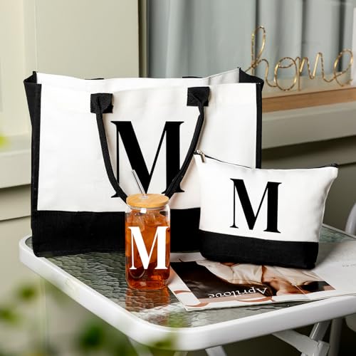 Aliceset Initial Gifts for Women Monogram Canvas Tote Bag and Makeup with Zipper and Initial Glass Coffee Cup Gifts for Her