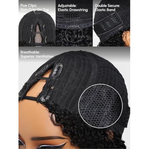 UNICE EasiContour V Part Wigs Human Hair Jerry Curly Glueless Wigs Human Hair Clip in Vpart Wig Minimal Leave Out Upgrade U Part Human Hair Wig Beginner Friendly 14 inch