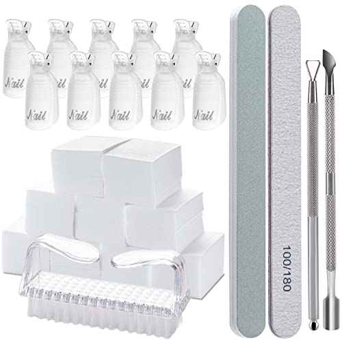 Gel Polish Remover Tools Kit - 10 Clips, 400 Lint-Free Wipes, Files 100/180, Buffer Block 400/4000, Brush, Cuticle Pusher & Peeler (Clear)