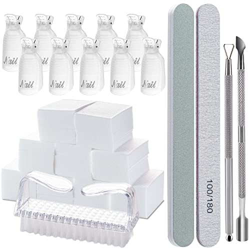 Gel Polish Remover Tools Kit - 10 Clips, 400 Lint-Free Wipes, Files 100/180, Buffer Block 400/4000, Brush, Cuticle Pusher & Peeler (Clear)