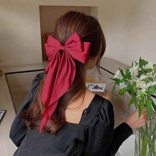 Big Red Hair Bows,Large Satin Silky Barrettes,Christmas Hair Bow Clips with Long Tail,Christmas Gifts for Women,Oversize Ribbon Clips Coquette Bows Hairs Accessories for Girls Adult
