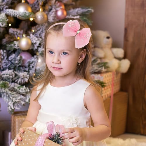 Pearl Headbands Hair Accessories for Toddler Girls - Elegant Lace Veil Headbands for Birthday, Wedding, Halloween, Thanksgiving, and Christmas Occasions-Light Pink