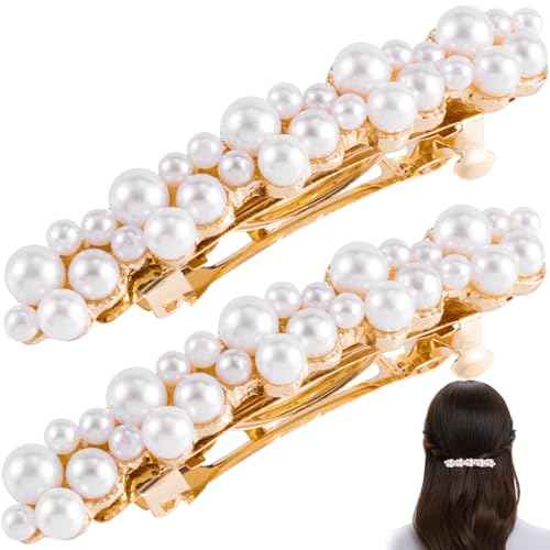 2 Pcs Pearl Hair Clips, Pearl-Embellished Barrette, Elegant Pearls Barrettes for Women, Party, Wedding, Daily Use, Graduation (Gold)