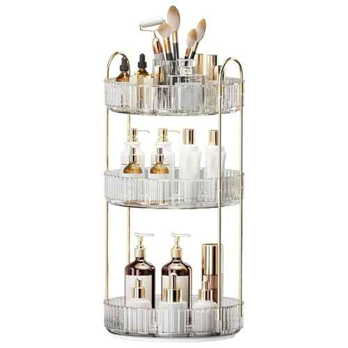 360¡Æ Rotating Makeup Organizer, Large-Capacity Skincare Make Up Storage 3 Tier Perfume Organizers Cosmetic Dresser Organizer with Makeup Brush Holder, Fits Bedroom, Bathroom, Vanity Shelf Countertop