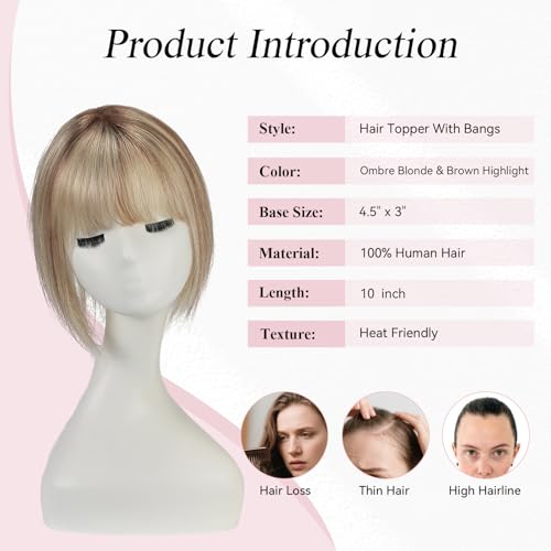 EMMOR 10 Inch Real Human Hair Topper for Women - Upgrade Swiss Lace Base with 3 Non-Slip Clips, 4.5" x 3" Clip in Bangs for Thinning Hair & Natural Hair Loss Coverage(Ombre Blonde & Brown Highlight)