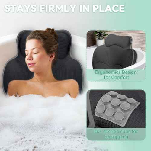Bath Pillows for Tub - Luxury Bathtub Pillow Neck, Head, Back Support, Soft 4D Mesh Fabric and Non-Slip Suction Cups & Quick Dry, Comfort Fits All Tubs, Relaxation Spa Gift, Grey