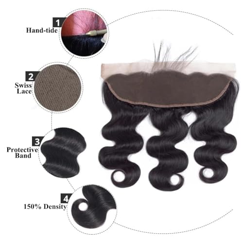 13x4 Ear to Ear HD Lace Frontal Closure 12A Unprocessed Brazilian Virgin Body Wave Human Hair Frontal 150% Density 18 Inch Full Lace Closures Pre Plucked Natural Black