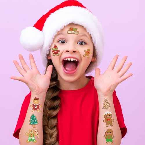 HOWAF 60+Pcs Christmas Gingerbread Temporary Tattoos Stickers for Kids,Funny Gingerbread Man Tattoos for Christmas Party Favor, Xmas Gingerbread Santa Claus Prizes Themed
