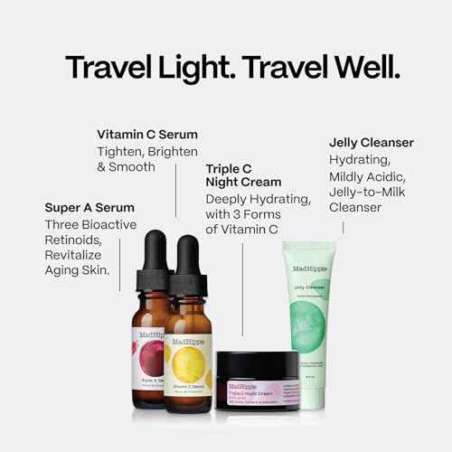 Mad Hippie Travel Essentials ??Vitamin C Serum, Triple C Night Cream, Super A Serum + Jelly Cleanser in a 100% Recycled Toiletries Bag, Cruelty-Free