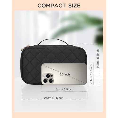 Relavel Makeup Bag, Small Makeup Bag for Women, Travel Cosmetic Bag, 2 Layers Waterproof Makeup Organizer Storage with Makeup Brush Holder, Black