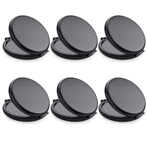 Compact Mirror, Pocket Travel Makeup Mirror for Purse, Metal Round Shell, 2-Sided 1X/2X Magnifying, Portable, Folding, Handheld, Black, 6 Pack