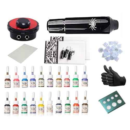 One Tattoo World Rotary Tattoo Pen Kit for Beginners, Complete Tattoo Machine Kit with 20 Tattoo Inks, Power Supply, Cartridge Needles, Grip, Gloves, and Ink Caps (Black) OTW-KPB03