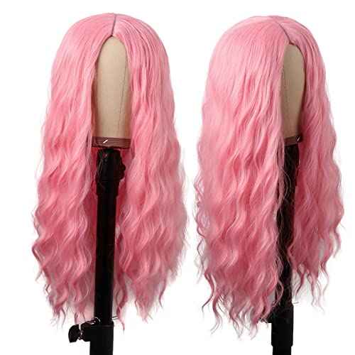 MapofBeauty 28 Inch/70 cm Long Wavy Middle Part with No Bangs Synthetic Fiber Curly Fashion Women Party Cosplay Wig (Light Pink)