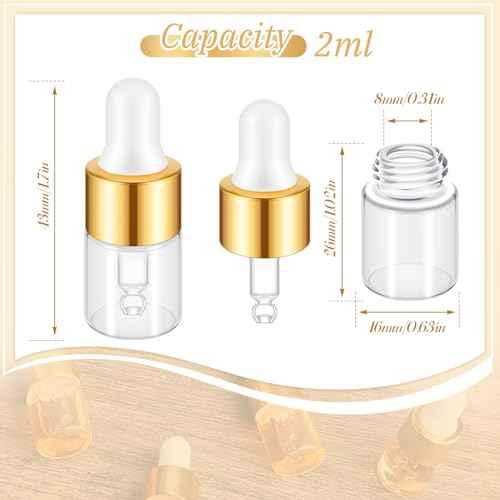 100 Pcs Mini Glass Oil Dropper Bottle Bulk, Clear Essential Small Empty Bottles Sample Containers Perfume Liquid Vials with Cap for Traveling (2 ml,Gold)