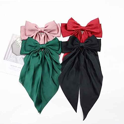 Cinaci 4 Pack Satin Silk Large Big Oversized Giant Long Tail Bow French Barrettes Ponytail Holder Christmas Red Green Hair Bows Alligator Hair Clips Ribbon Hair Accessories for Women Girls Teens