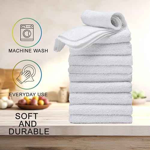 Textila Terry Wash Cloths ? Pack of 10, White, 12x12 Inches ? Soft, Absorbent & Multipurpose Cotton Washcloths for Face, Hand, Bath, Kitchen, Spa, Gym & Hotel Use