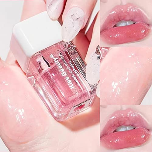 Fruit Pearlescent Plumping Lip Oil, Lip CarePearl & Shimmer Mini Lip Gloss Kit, Lip Care Hydrating Lip Gloss Tinted Lip Balm, Long Lasting & Nourishing Lip Glow Oil, Non-sticky Fresh Texture (Peach)