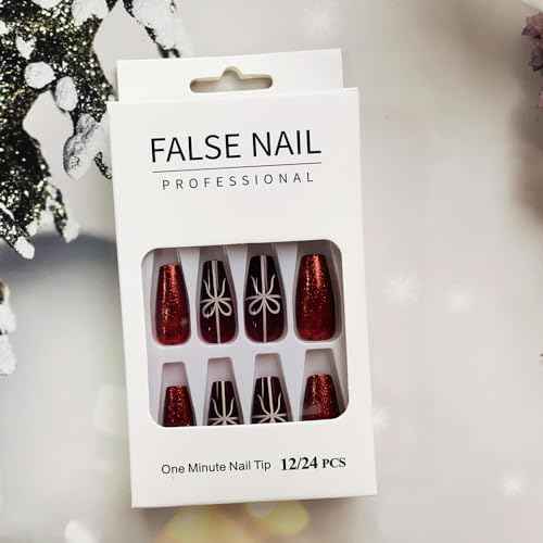 Christmas Press on Nails Long Coffin Fake Nails Wine Red Press on False Nails with White Gift Banderole Tips Designs Red Glitter Cute Acrylic Nails Full Cover Holiday Glue on Nails for Women and Girls