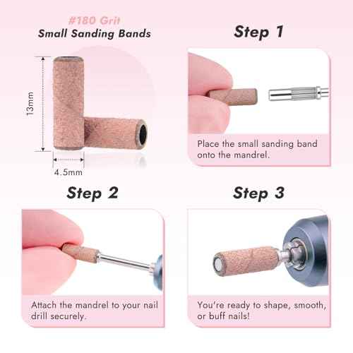 Finea 100 Pc Set Nail Drill Bits 180 Grit Fine Small Sanding Bands with 3.1mm Mini 3/32" Mandrel for Electric File Professional Efile Accessories Manicure Supplies Nail Tech Essentials Light Pink