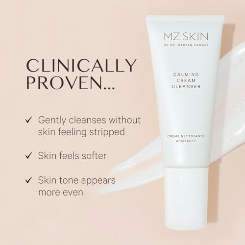 MZ SKIN Calming Cream Cleanser 3.4 fl oz - Gentle Omega-Rich Face Wash with Prebiotic Technology, Vitamin E to Sooth & Restore Skin Barrier for Sensitive & Redness Prone Skin, Fragrance Free
