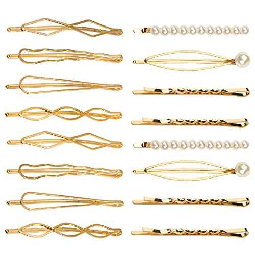 16 Pieces Geometric Metal Hair Pins, Pearls Hair Clips Elegant Hair Barrettes Bridal Gold Metal Bobby Pins Dainty Embellished Bobby Pins for Woman and Girls
