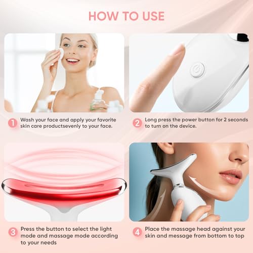 Face and Neck Massager Tool, 7 Colors LED Light Therapy Wand for Wrinkles, Double Chin, Portable Facial Massager with Vibrating and Thermals for Skin Care, Glossy White