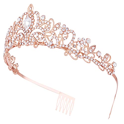 Crowns for Women, Rose Gold Tiara Crystal Rhinestone Hair Accessories for Princess Queen Ladies Little Girls Adult Bridal Bride Birthday Wedding Pageant Prom Halloween Costume Party with Combs