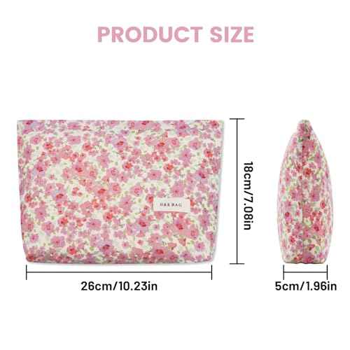LJCZKA Aesthetic Floral Makeup Bag Cute Cotton Make up Pouch Large Flower Travel Toiletry Organizer Bag (Pink)