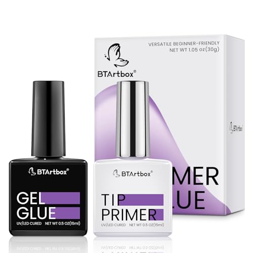 BTArtbox Nail Glue & Primer Set - 2 x 0.5 Fl Oz Acrylic French Ballerina Nail Gel, Long Lasting Super Strong 4 in 1 UV Nail Gel for Press On Nails