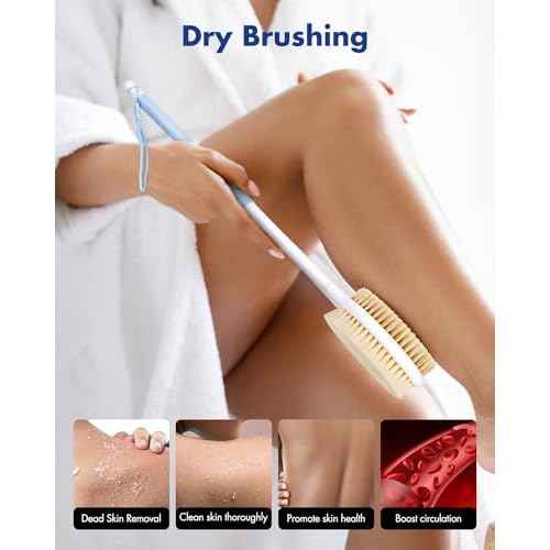 Back Scrubber Body Shower Brush: Anti Slip Long Handle Bath Brush with Stiff and Soft Bristles - Showering Exfoliator Wet or Dry Brushing for Women, Men, Elderly (Blue)