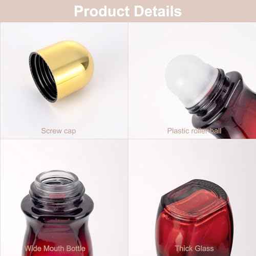 Kesell 2Pcs Glass Roller Bottles 50 ml Gradient Red Roll on Bottle with Plastic Roller Ball and Opener Empty Roller Ball Deodorant Container for Essential Oils, Perfume (Gold Lid)