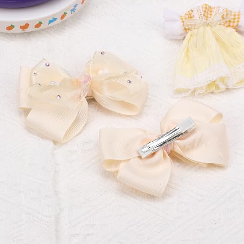 KISZU 4.5 Inch Flower Hair Bow Clips, Organza Bows with Pearls Big Hair Accessories for Baby Girls Kids Children Teens and Women (Yellow)