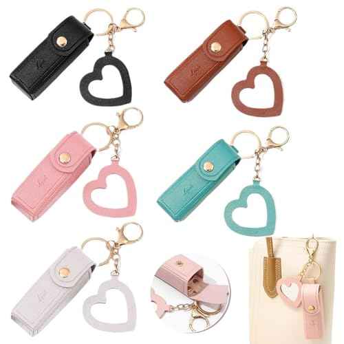 5 PCS Lipstick Holder Keychain PU Leather Potable Chapstick Holder with Mirror Soft Lip-Balm Holder Travel Storage Case, Lipstick Pouch, Mini for Chapstick Perfume Fingernail Polish