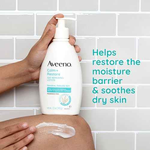 Aveeno Calm + Restore Oat Repairing Body Lotion for Sensitive Skin, Daily Moisturizer with Prebiotic Oat, Aloe & Pro-Vitamin B5, Fragrance Free Body Lotion Helps Heal Dry Skin, 12 oz