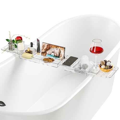 Expandable Acrylic Bathtub Tray for Tub, Bath Caddy Tray Table for Bathtub, Adjustable from 31.5 to 41 inch, Bathtub Rack fits Most Bathtubs and Bathroom D?cor, Bath Tub Shelf Accessories for Women