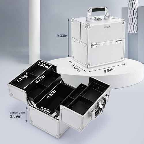 FRENESSA Makeup Train Case Makeup Organizer Box Portable Cosmetic Travel Case with Lock 4 Trays Aluminum Hard Vanity Box Make Up Artist Nail Beauty Storage Organizer Cosmetic Suitcase Bright Silver