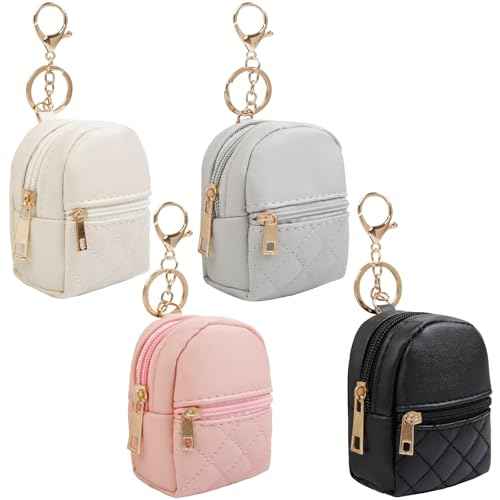 4Pcs Mini Backpack Keychain,Cute Cosmetic Bag for Women Christmas Gifts,PU Leather Makeup Bag Key Pocket Lipstick Bag Card Holder Data Cable Organizer Zipper Pouch (black beige pink gray)