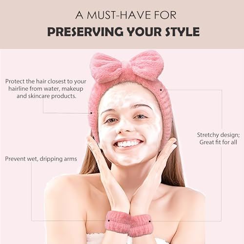 Ayesha Spa Headband and Wristband Set for Skincare Washing Face,Makeup Headband Wrist Cuffs for Preppy Skincare Women Girl (Pink set)