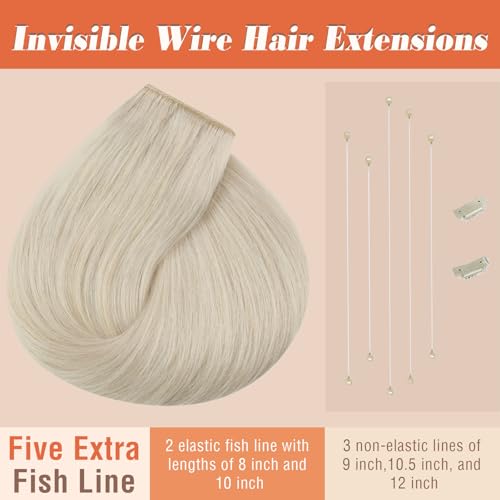 Sunny Hair Wire Hair Extensions Real Human Hair Fish Line Human Hair Extensions Invisible Wire Extensions Platinum Blonde #60 18 Inch